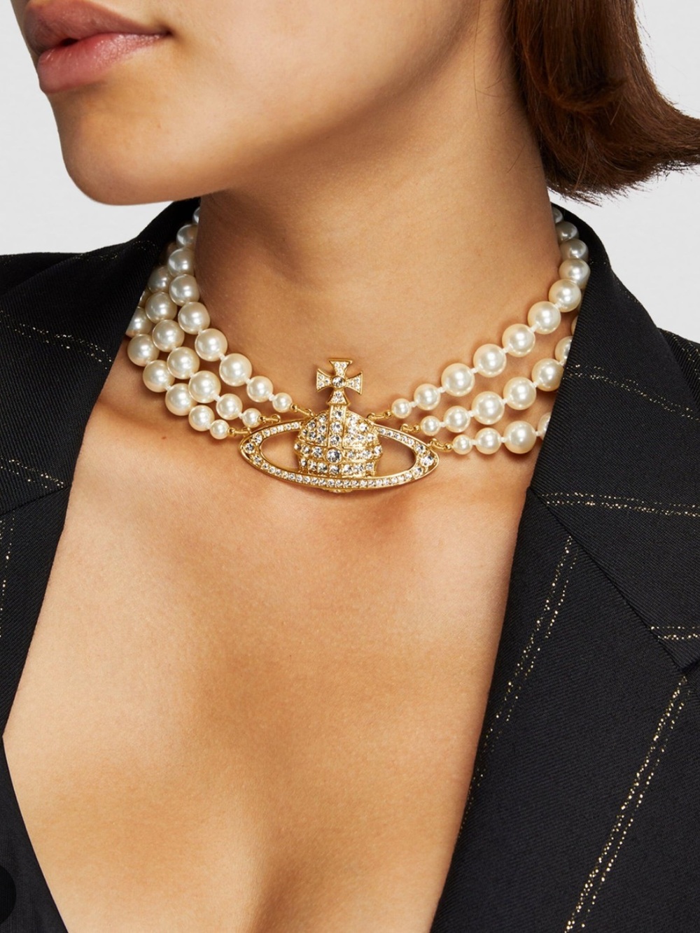 Vivienne Westwood Three Tiered faux pearl choker necklace crystal embellished